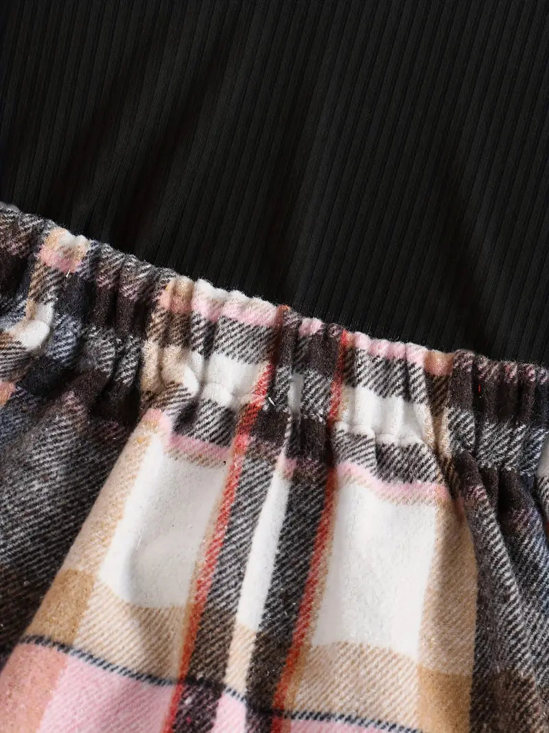 2pcs Girls Striped Long Sleeve Turtleneck Pullover And Plaid Printed Button Down Skirt Shorts Easter