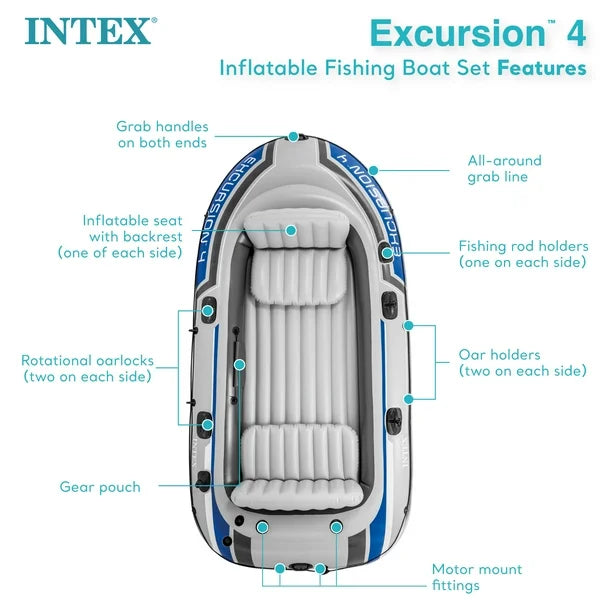 4 Person Inflatable Rafting and Fishing Boat Set with 2 Oars, you can embrace the open water with the Intex Excursion 4 Person Heavy Duty Inflatable Boat Set.