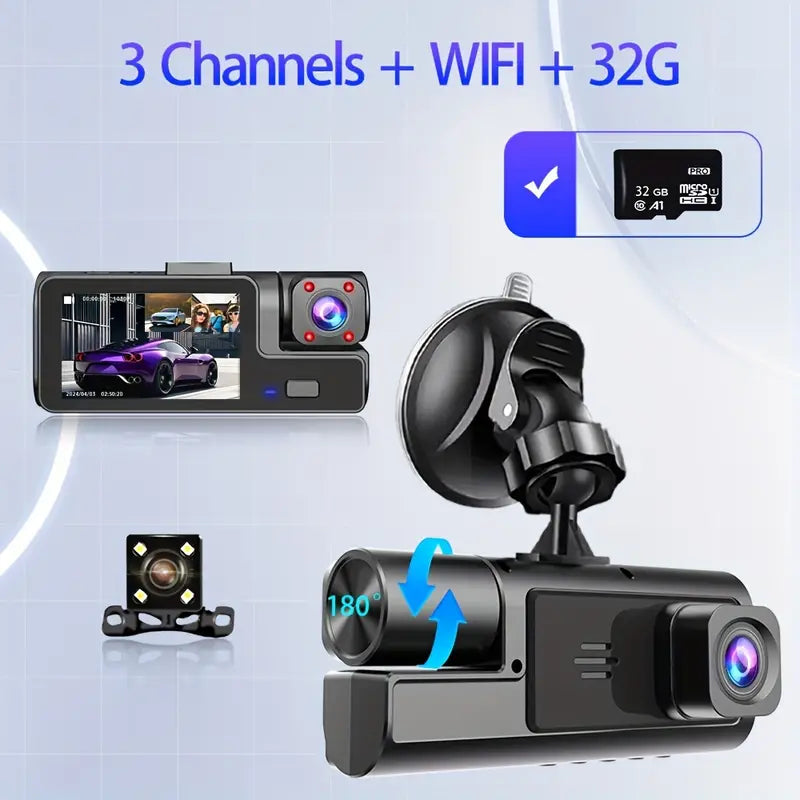 Car Security Recorder Front/Inner/Rear Cameras, Loop Recording, Supports 32GB C10 TF Card or Above - Night Vision, 170° Ultra Wide Angle,