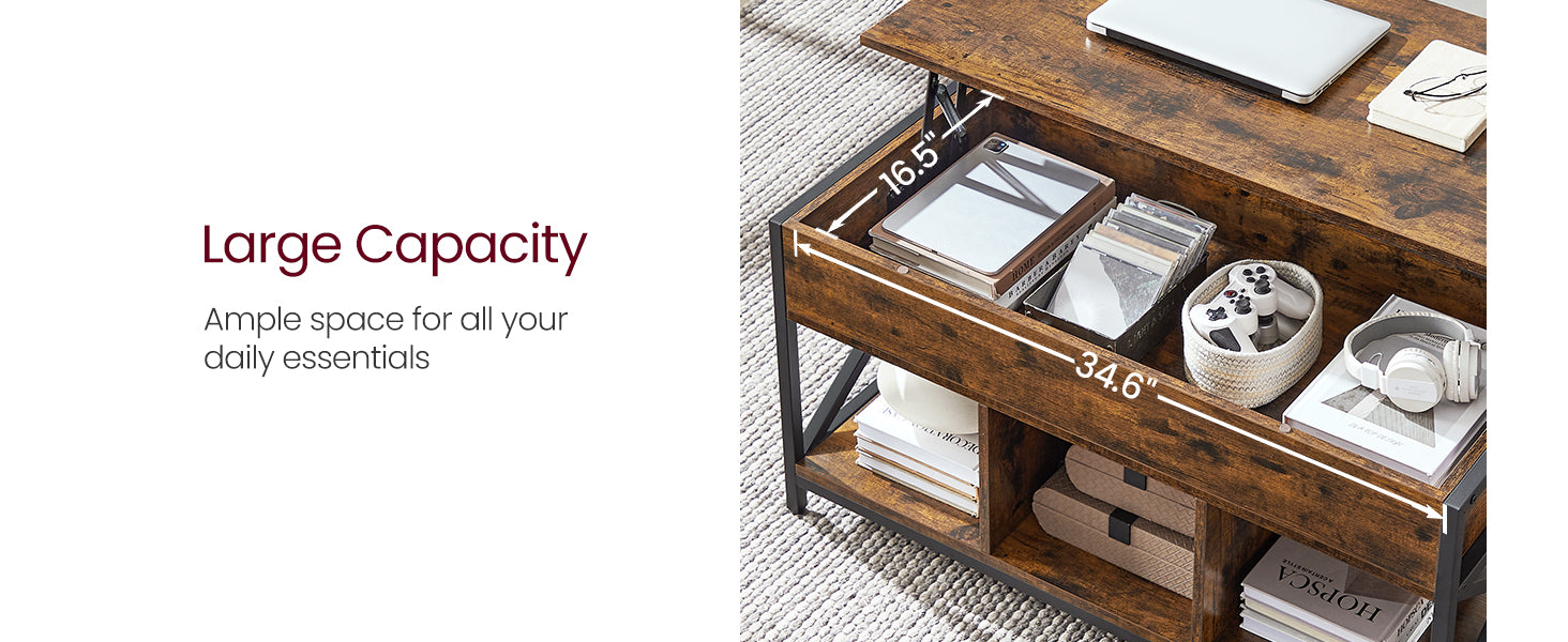 coffee table easily. The veneer of the tabletop is water-resistant,Top Coffee Table for Living Room, Industrial Coffee Table with Hidden Compartments and Storage Shelf,