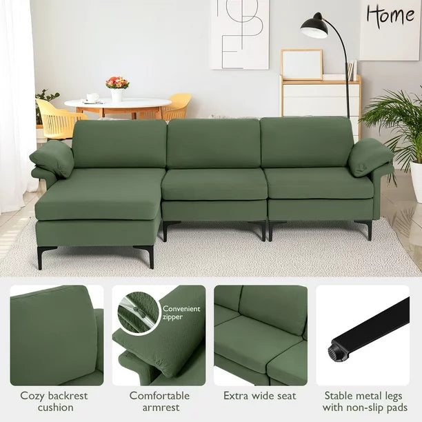 Modern Modular L-shaped Sectional Sofa w/ Reversible Chaise & 2 USB Ports Green