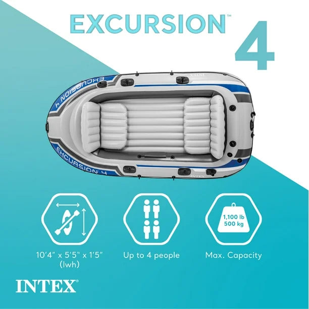 4 Person Inflatable Rafting and Fishing Boat Set with 2 Oars, you can embrace the open water with the Intex Excursion 4 Person Heavy Duty Inflatable Boat Set.