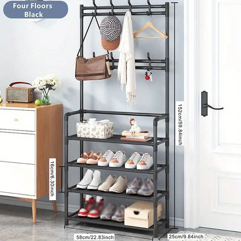 Simple Assembled Multi-layer Storage Rack, Shoes Organizer Shelf With Clothes Coat Hat Bag Key Hanging Rack, For Home Room Entrance Living Room