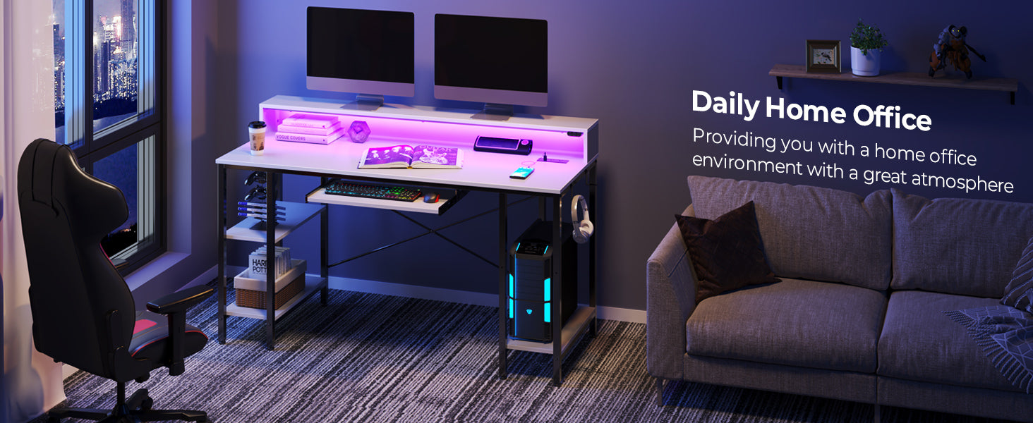 LED Lights Desk with Storage Shelf, Power Outlets, Height Adjustable Electric