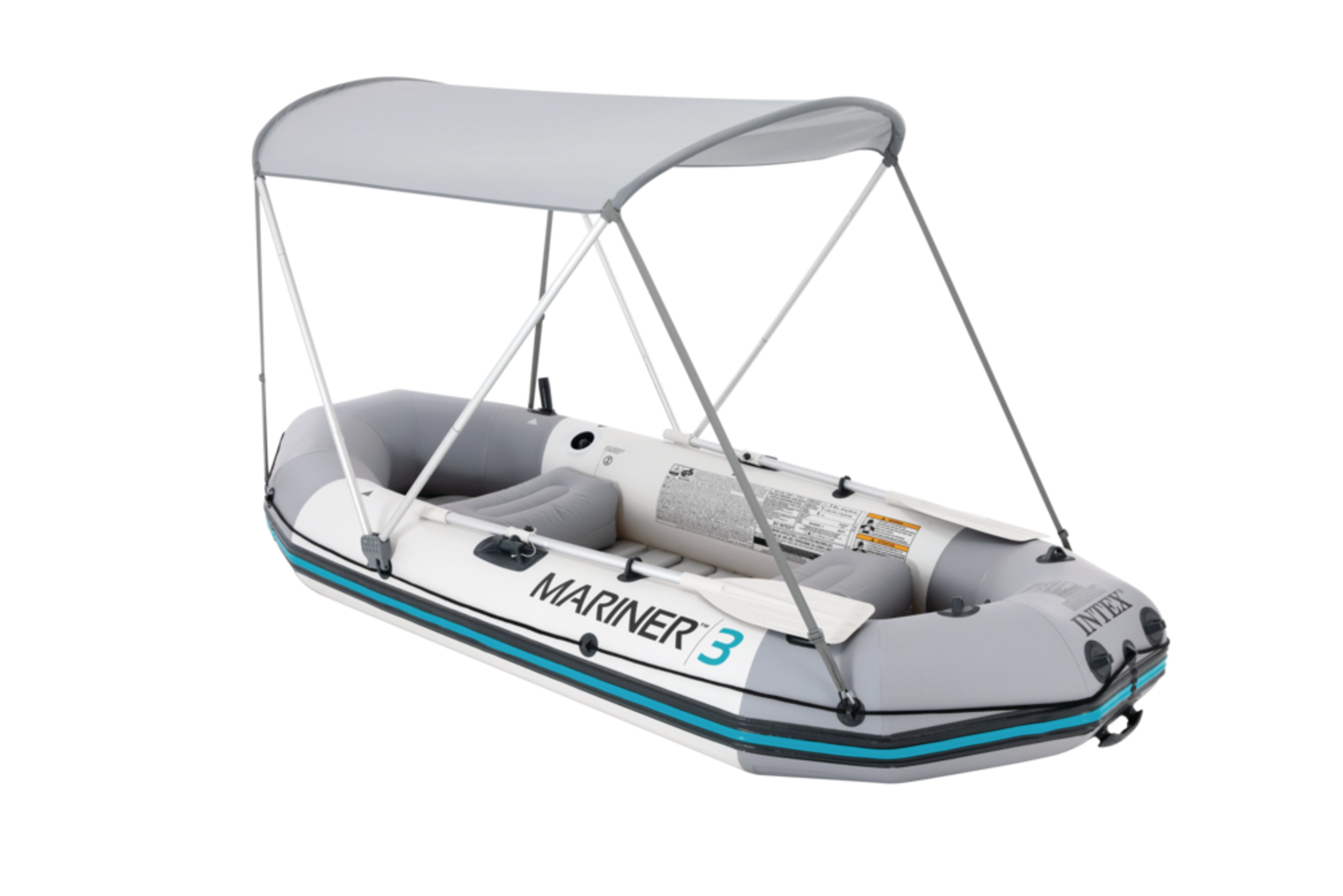 Inflatable Boat with Canopy & Oars, PVC, grab lines, rod holders, a battery pouch, and a repair patch kit. Just attach Intex's powerful pump and you'll be cruising in minutes,