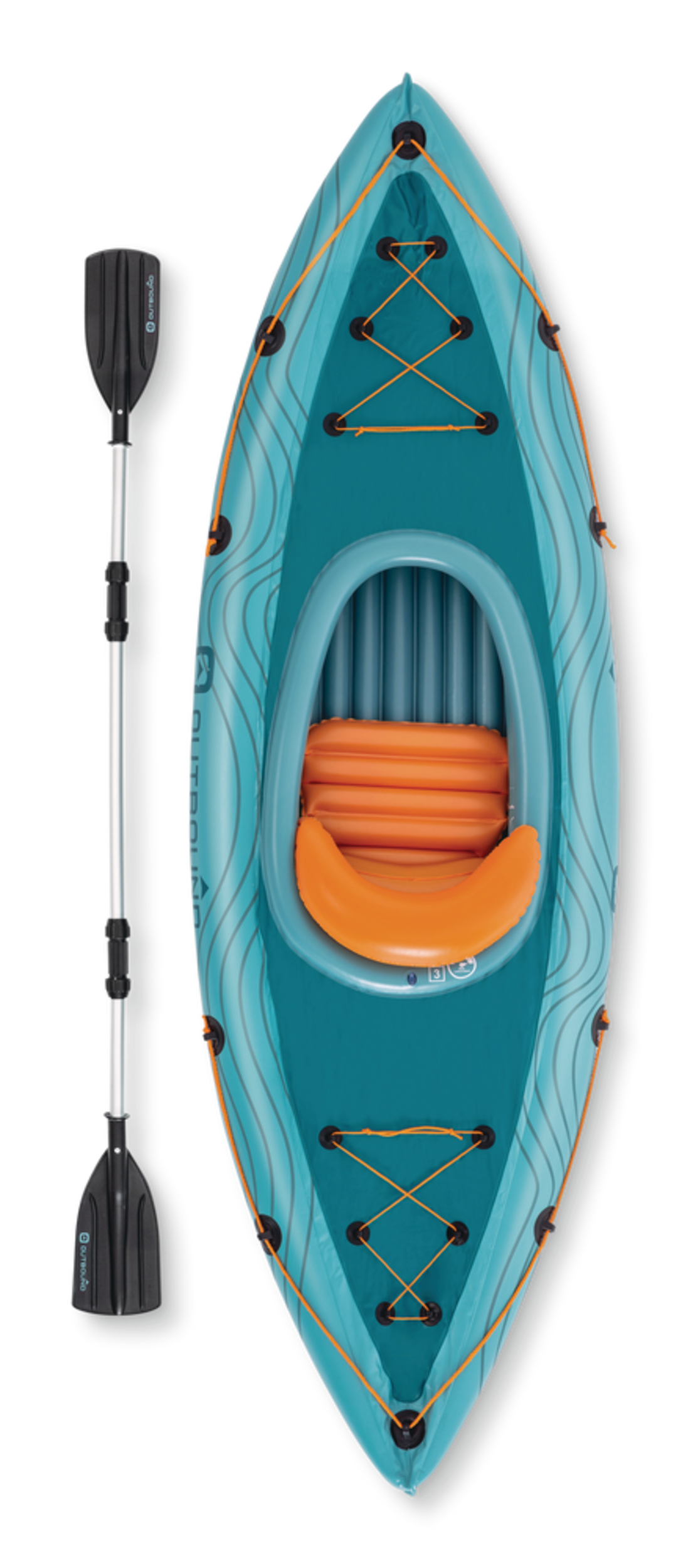 Inflatable Kayak, 9-ft, designed to accommodate one adult rider,