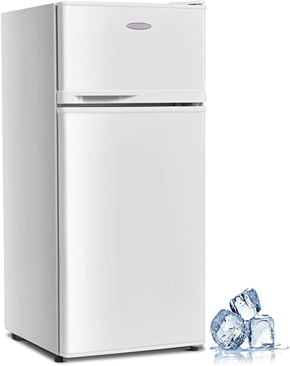 Mini Fridge with Freezer, 3.4 Cu.Ft Compact Refrigerator/Freezer Cooler w/ 7 Settings Temperature Adjustable, Removable Shelves & 2 Doors, Mini Fridge for Bedroom/Dorm/Apartment/Office (White)
