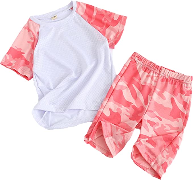 2 Piece Sports Outfit Shirt+Shorts Camouflage Fashion Athletic Quick-Dry 2-13Y