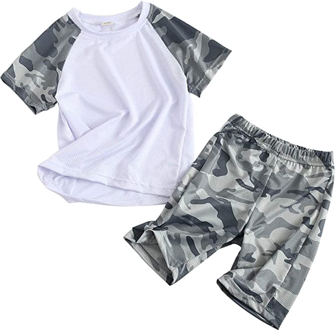 2 Piece Sports Outfit Shirt+Shorts Camouflage Fashion Athletic Quick-Dry 2-13Y