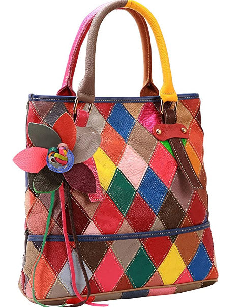 Soft Lambskin Multicolour Patchwork Leather Bag Tote Crossbody Shoulder Bag Top Handle Handbag Purse Tassel Fringe for Women/Lady