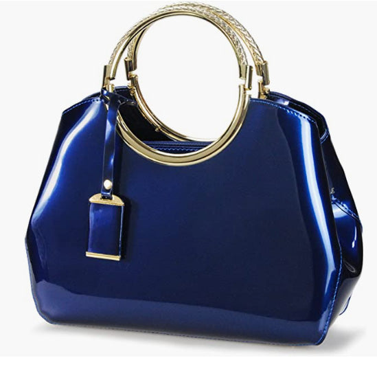 Glossy Metal Grip Structured Shoulder Handbag Women Satchel