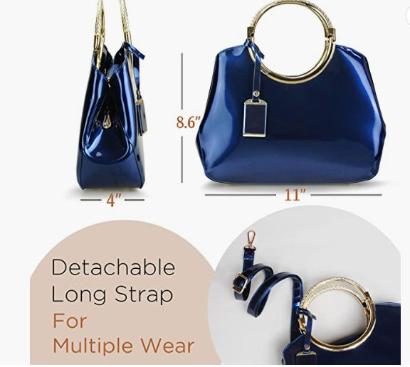 Glossy Metal Grip Structured Shoulder Handbag Women Satchel