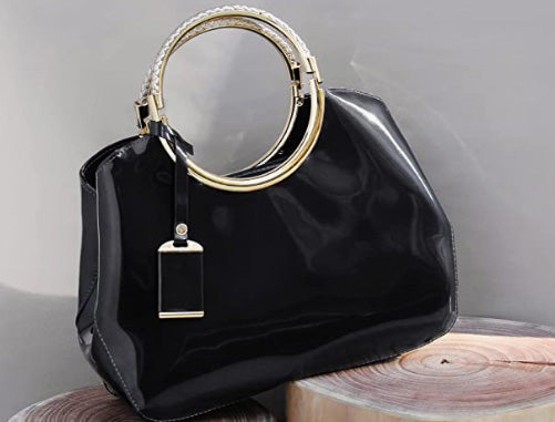 Glossy Metal Grip Structured Shoulder Handbag Women Satchel