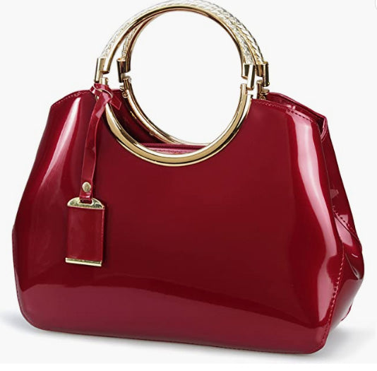 Glossy Metal Grip Structured Shoulder Handbag Women Satchel