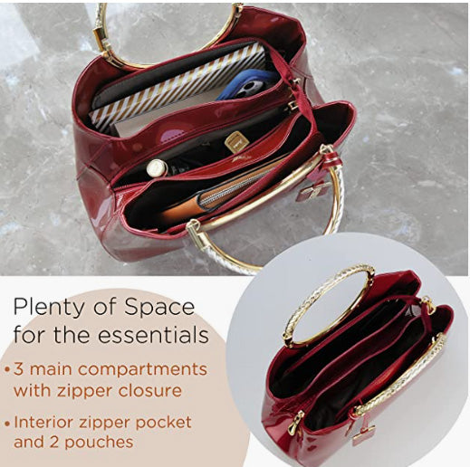 Glossy Metal Grip Structured Shoulder Handbag Women Satchel