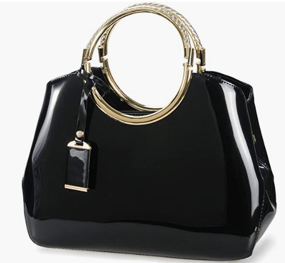 Glossy Metal Grip Structured Shoulder Handbag Women Satchel