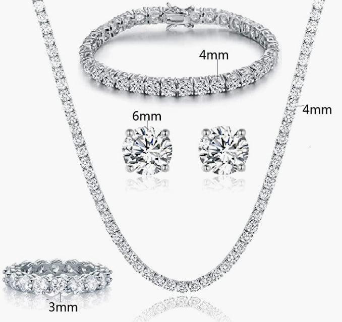18K White Gold Plated Necklace/Bracelet/Earrings/Band Ring Sets Jewelry Pack of 4