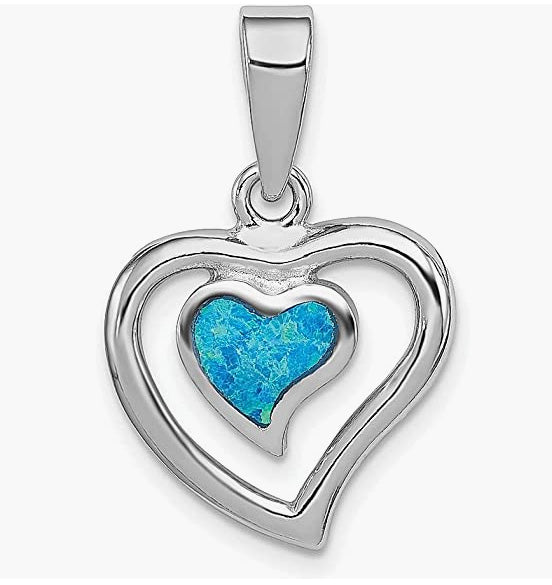 Sterling Silver Created Blue Opal Inlay Heart Pendant Charm Necklace Love Ful Fine Jewelry For Women Gifts For Her