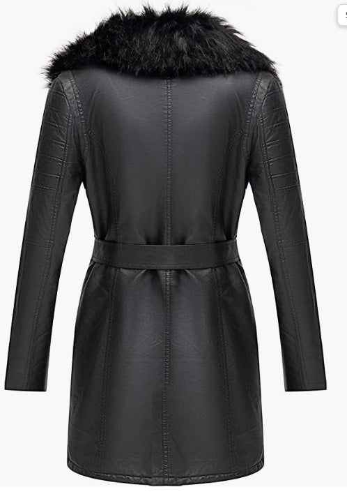 Leather Long Jacket, Wonderfully Parka Coat with Detachable Faux Fur Collar