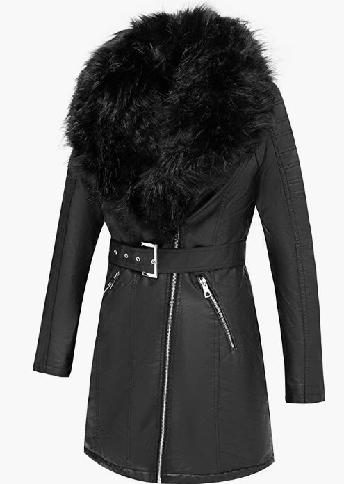 Leather Long Jacket, Wonderfully Parka Coat with Detachable Faux Fur Collar