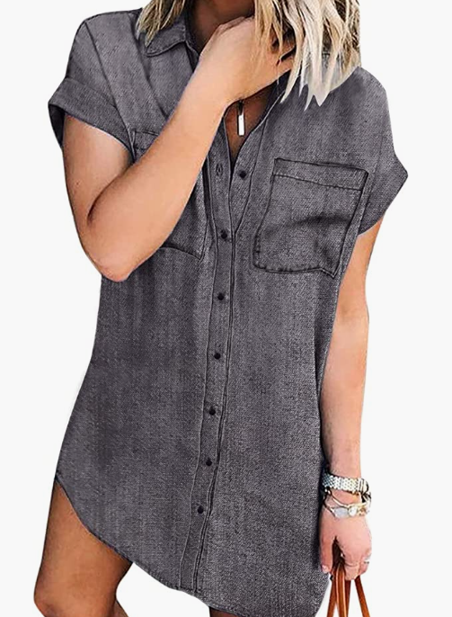 Women Summer Short Sleeve Denim Shirt Dress Jean Dresses