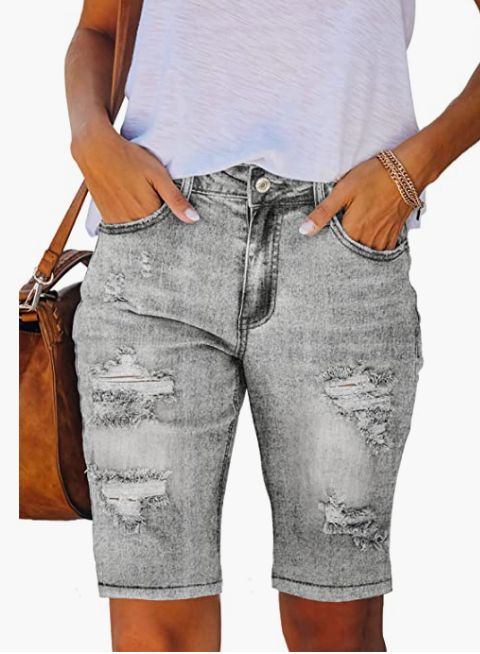 Ripped Denim Bermuda Shorts Frayed Raw Hem Stretch Jean Shorts
