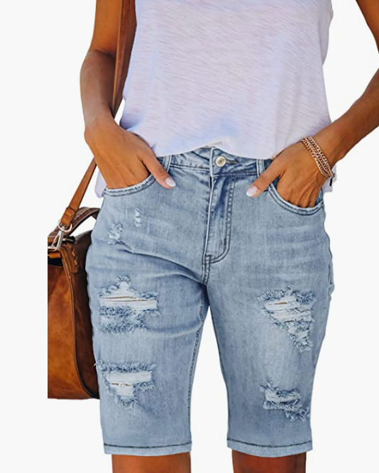 Ripped Denim Bermuda Shorts Frayed Raw Hem Stretch Jean Shorts