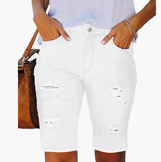 Ripped Denim Bermuda Shorts Frayed Raw Hem Stretch Jean Shorts