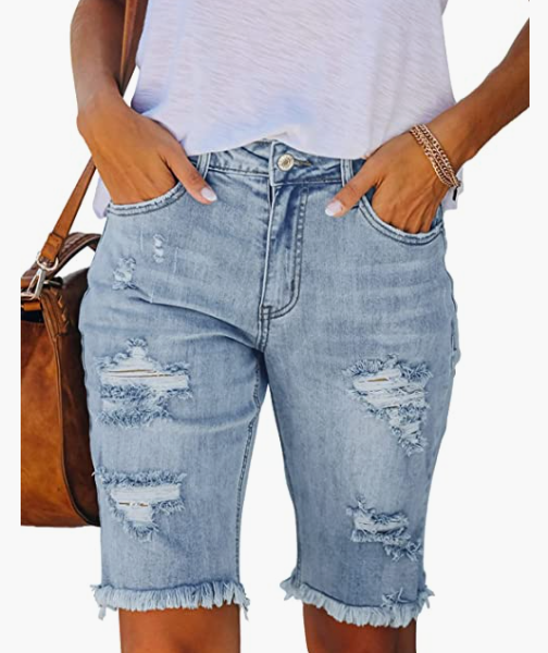 Ripped Denim Bermuda Shorts Frayed Raw Hem Stretch Jean Shorts