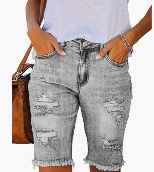 Ripped Denim Bermuda Shorts Frayed Raw Hem Stretch Jean Shorts