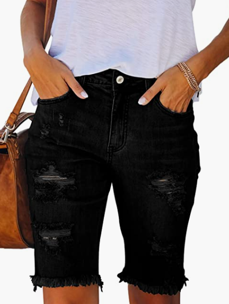 Ripped Denim Bermuda Shorts Frayed Raw Hem Stretch Jean Shorts