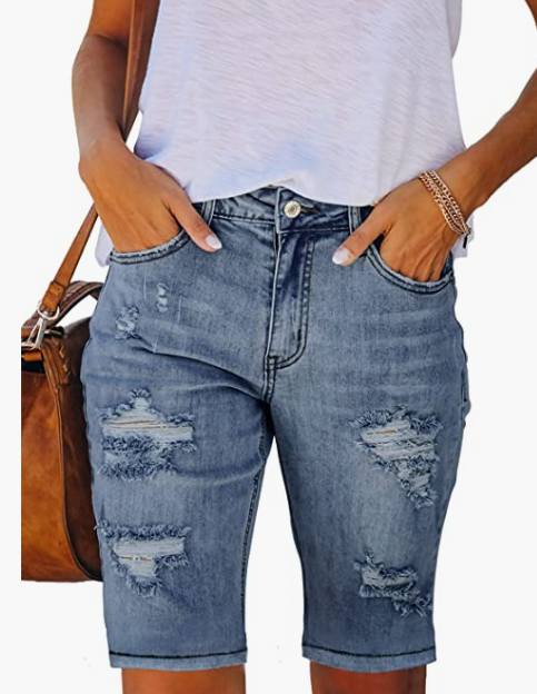 Ripped Denim Bermuda Shorts Frayed Raw Hem Stretch Jean Shorts