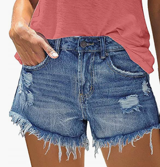 Women's Mid Rise Broken Hole Casual Rolled Hem Ripped Denim Shorts