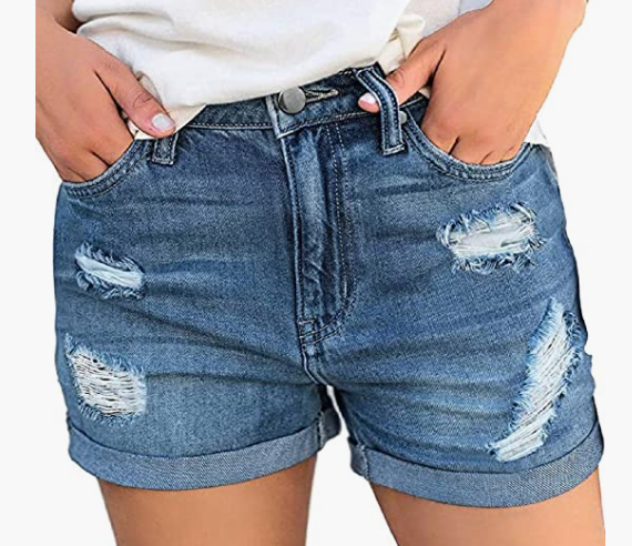 Women's Mid Rise Broken Hole Casual Rolled Hem Ripped Denim Shorts