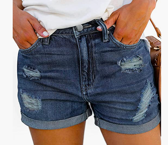 Women's Mid Rise Broken Hole Casual Rolled Hem Ripped Denim Shorts