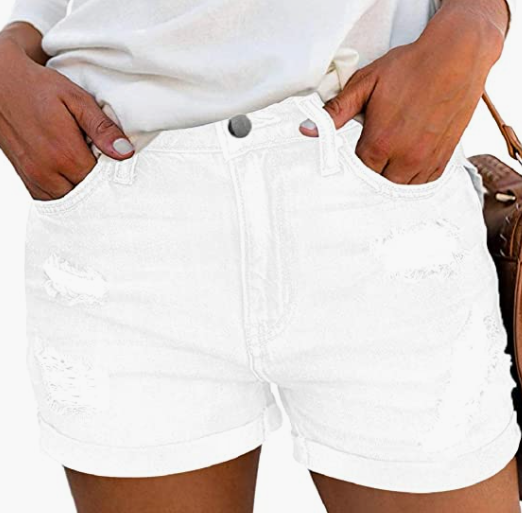 Women's Mid Rise Broken Hole Casual Rolled Hem Ripped Denim Shorts