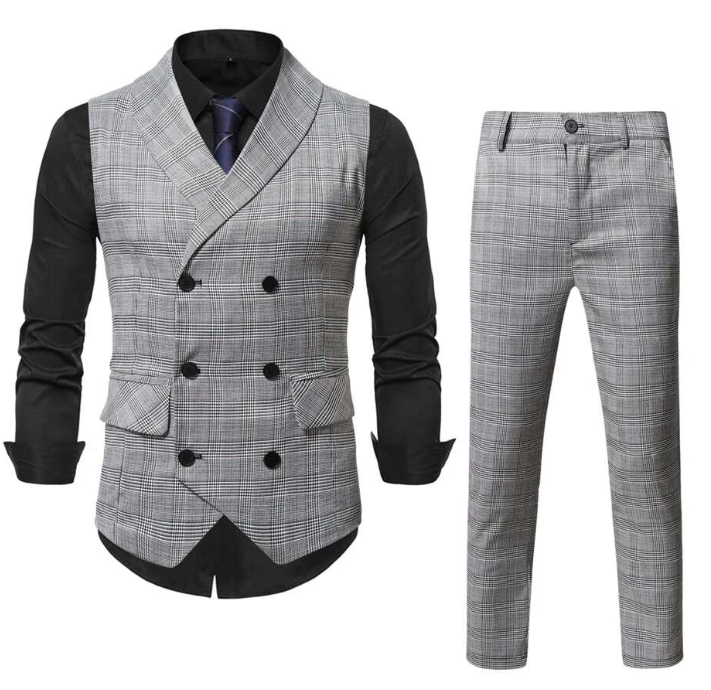 MEN Plaid Shawl Collar Waistcoat & 1pc Tailored Pants