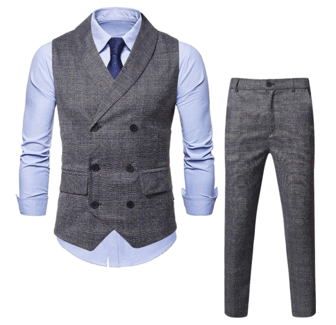 MEN Plaid Shawl Collar Waistcoat & 1pc Tailored Pants