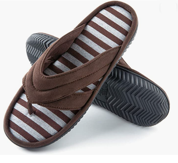 Men' s Flip Flop Slippers with Stripe, Summer Spa Comfort Slip On House Shoes with Indoor Outdoor Rubber Sole
