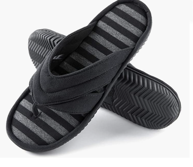 Men' s Flip Flop Slippers with Stripe, Summer Spa Comfort Slip On House Shoes with Indoor Outdoor Rubber Sole