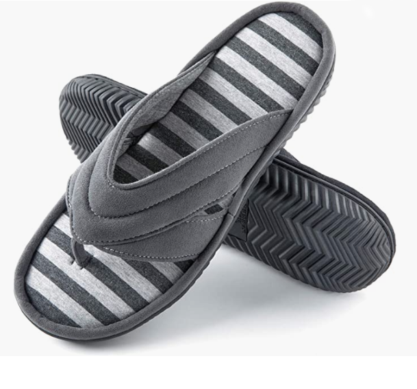 Men' s Flip Flop Slippers with Stripe, Summer Spa Comfort Slip On House Shoes with Indoor Outdoor Rubber Sole