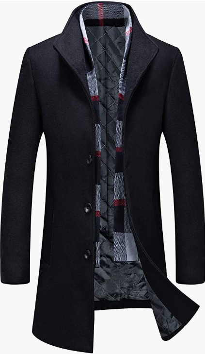 Men's Coat Winter Fleece Lining Business Jacket Warm Trench Coat with Scarf