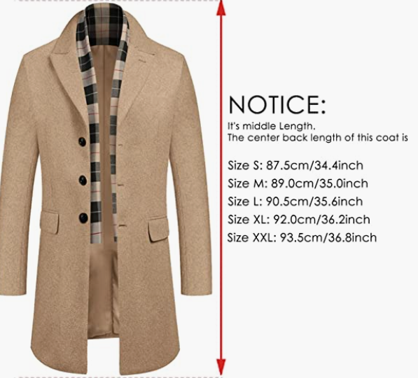 Men's Wool Blend Coat with Plaid Scarfs WINTER Coat