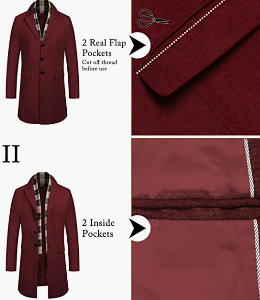 Men's Wool Blend Coat with Plaid Scarfs WINTER Coat