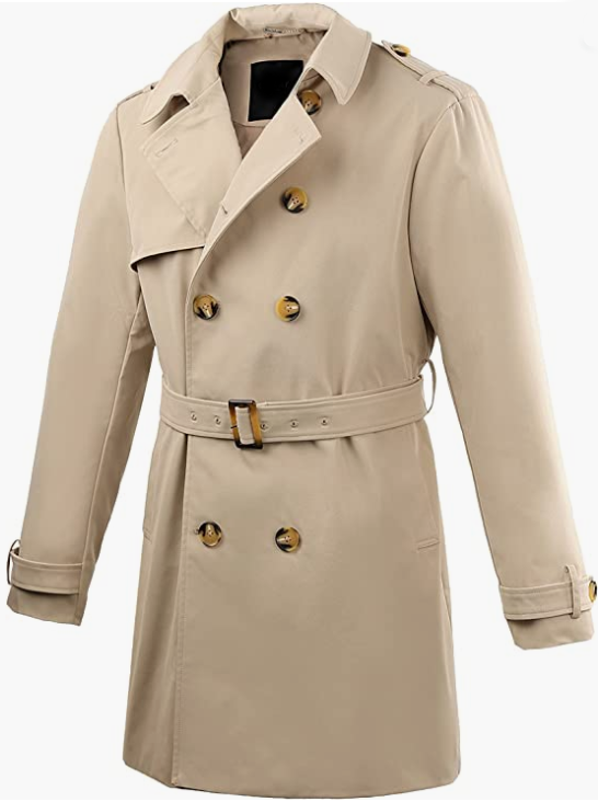 Men's Long Double Trench Coat with Belt