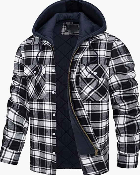 Men's Plaid Shirts Jacket Cotton Coat Full Zip . Hood Jackets with Pockets