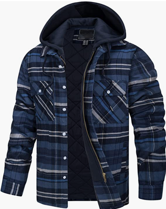 Men's Plaid Shirts Jacket Cotton Coat Full Zip . Hood Jackets with Pockets