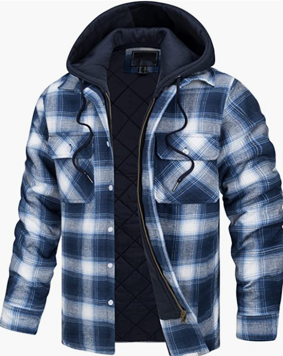 Men's Plaid Shirts Jacket Cotton Coat Full Zip . Hood Jackets with Pockets