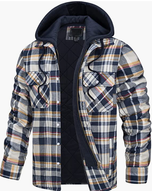Men's Plaid Shirts Jacket Cotton Coat Full Zip . Hood Jackets with Pockets