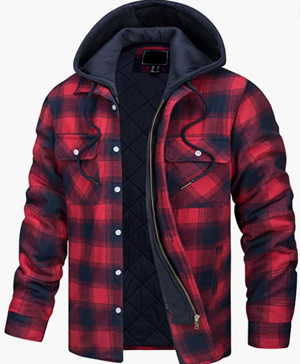 Men's Plaid Shirts Jacket Cotton Coat Full Zip . Hood Jackets with Pockets